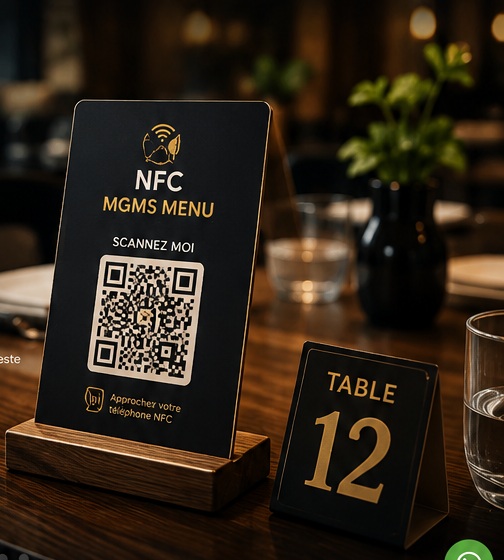Table de restaurant avec carte NFC, QR code et numéro de table
